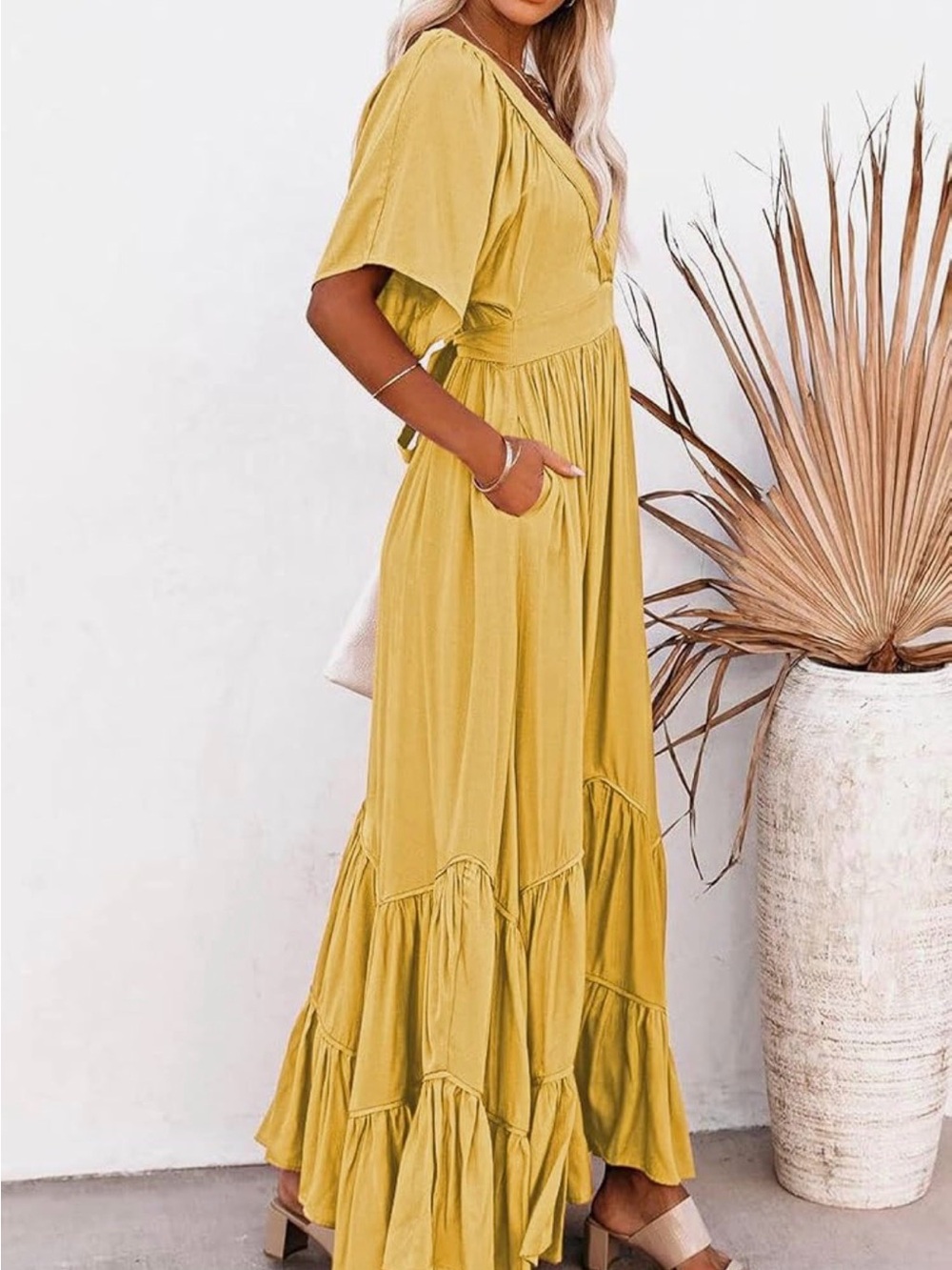 Linsery Yellow V-Neck Tiered Maxi Dress NWOT - Picture 3 of 6